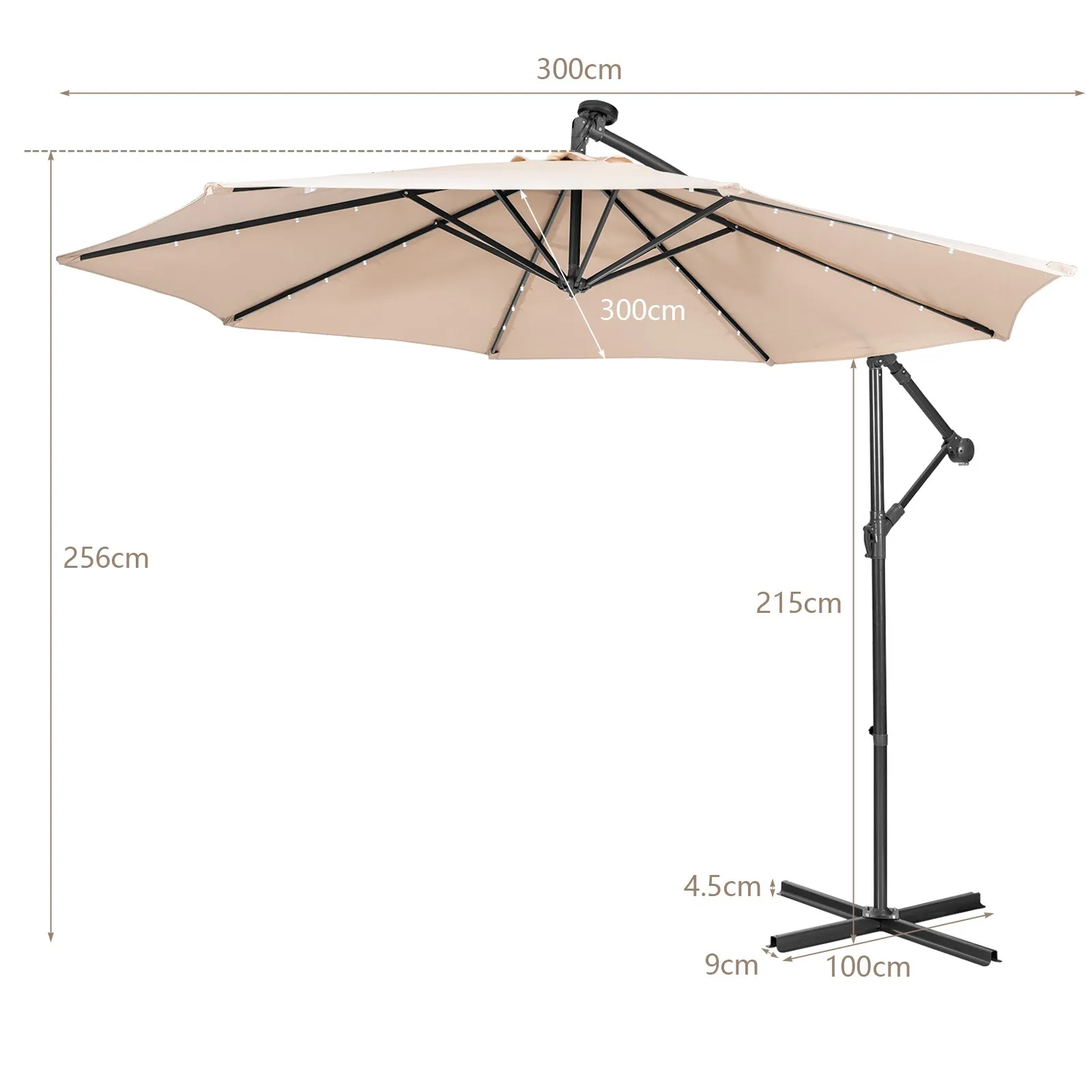 10 ft Cantilever Umbrella with 32 Solar-Powered LED Lights for Backyard Poolside Market-Beige