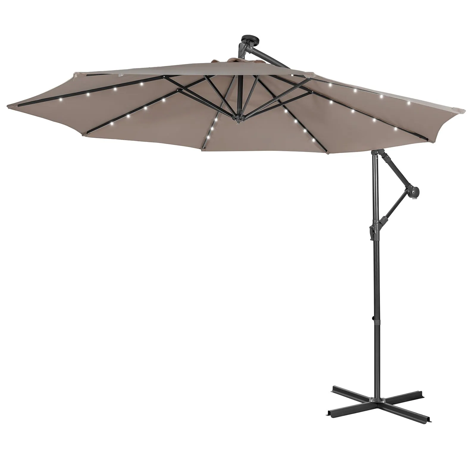 10 ft Cantilever Umbrella with 32 Solar-Powered LED Lights for Backyard Poolside Market-Coffee