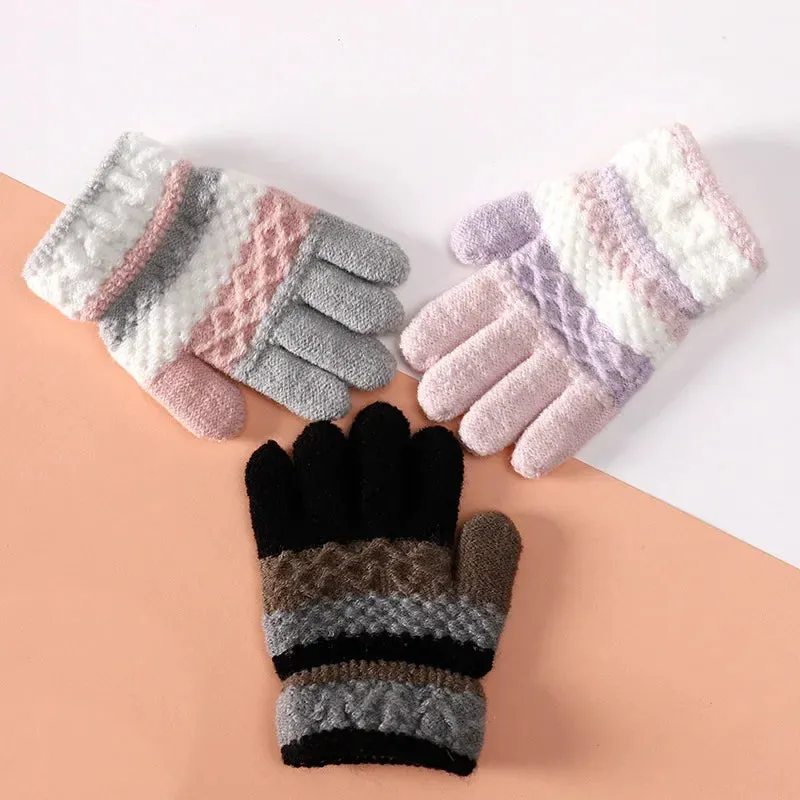 1Pairs Winter Warm Baby Gloves Cute Striped Split-finger Kindergarten Boys Girls Kids Knitted Gloves for 3-8 Years