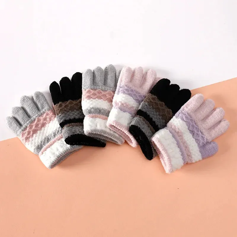 1Pairs Winter Warm Baby Gloves Cute Striped Split-finger Kindergarten Boys Girls Kids Knitted Gloves for 3-8 Years