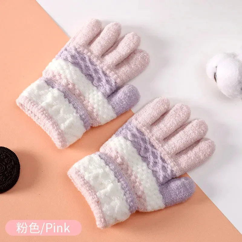 1Pairs Winter Warm Baby Gloves Cute Striped Split-finger Kindergarten Boys Girls Kids Knitted Gloves for 3-8 Years