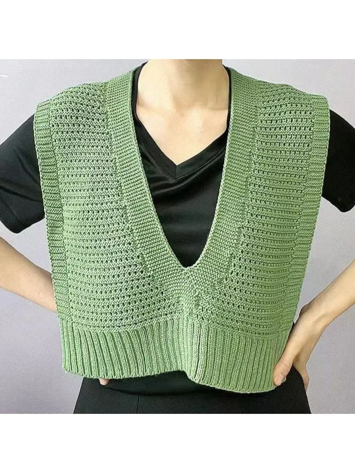 1pc Ladies' V-neck Sleeveless Sweater Vest With Hollow Out Details, Knitted Tank Top Shawl SD