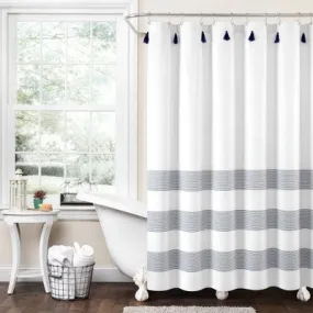 72"x72" Boho Tassel Striped Yarn Dyed Eco Friendly Recycled Cotton Shower Curtain Navy - Lush Décor