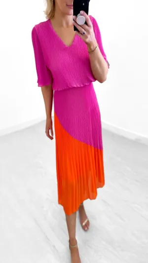 A1656 Pink/Orange Loose Top Pleat Dress