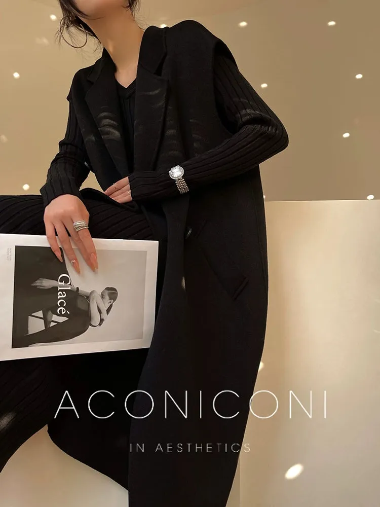 Aconiconi High End Double Breasted Sleeveless Long Straight Wool Coat- Winnie