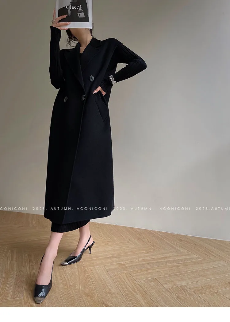 Aconiconi High End Double Breasted Sleeveless Long Straight Wool Coat- Winnie