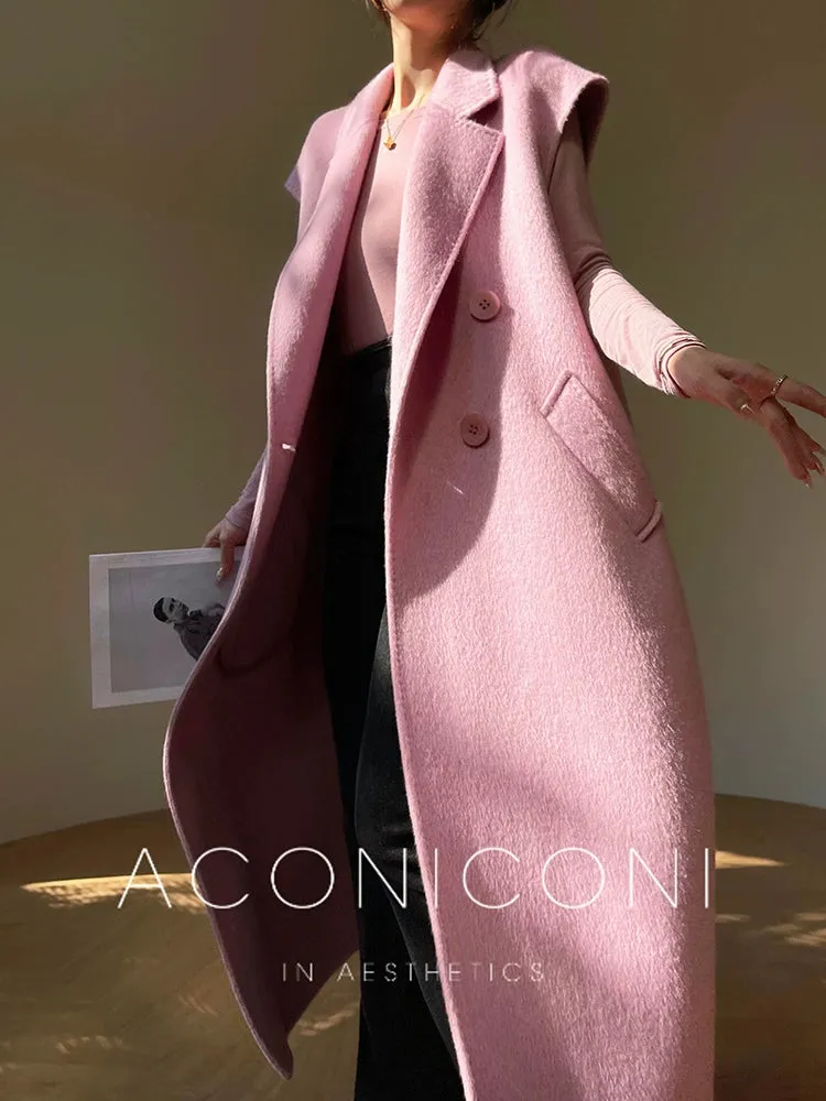 Aconiconi High End Double Breasted Sleeveless Long Straight Wool Coat- Winnie