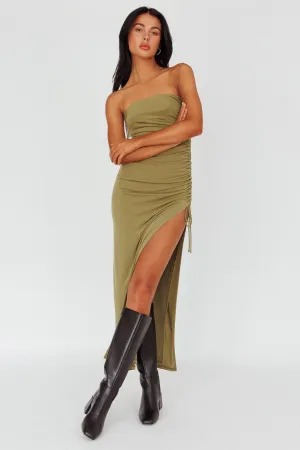 Affections Drawstring Ruched Split Maxi Dress Khaki