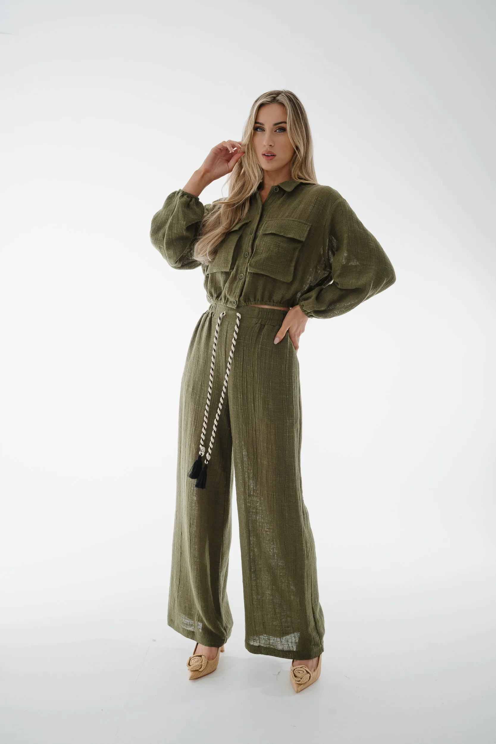 Alana Linen Mix Two Piece In Khaki