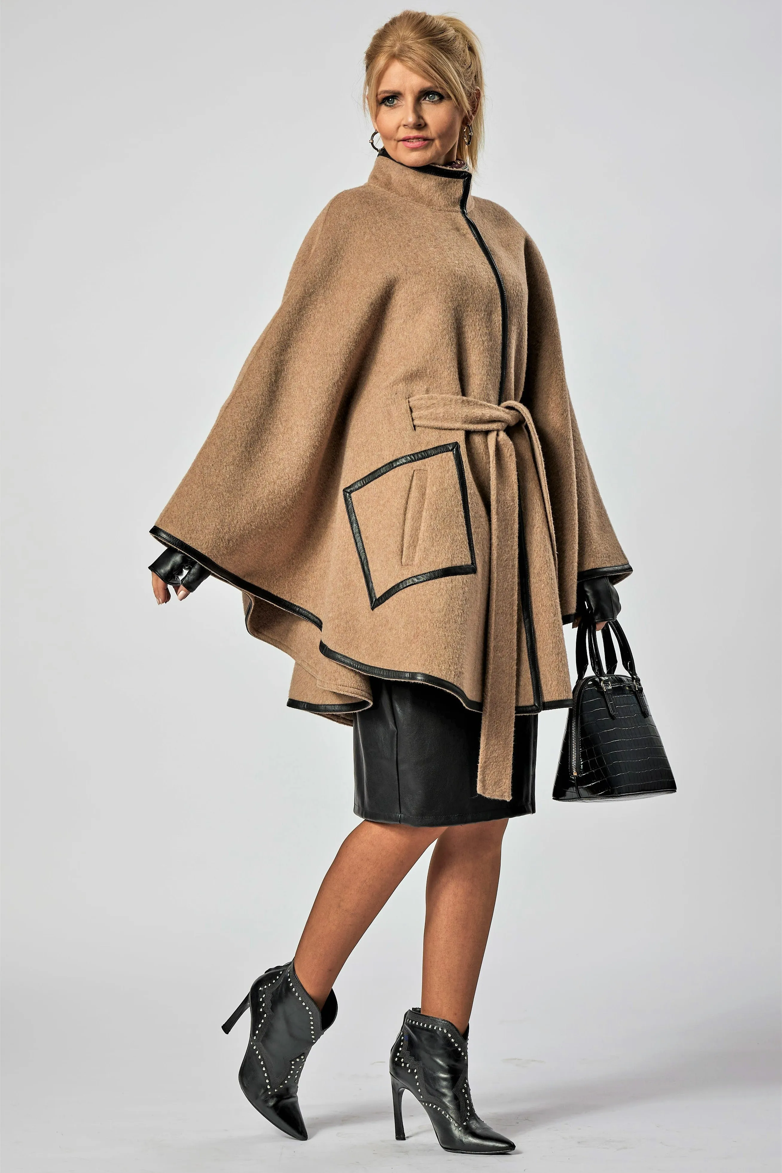 ALICE Beige Virgin Wool Belted Cape Poncho Coat Black Leather Trim