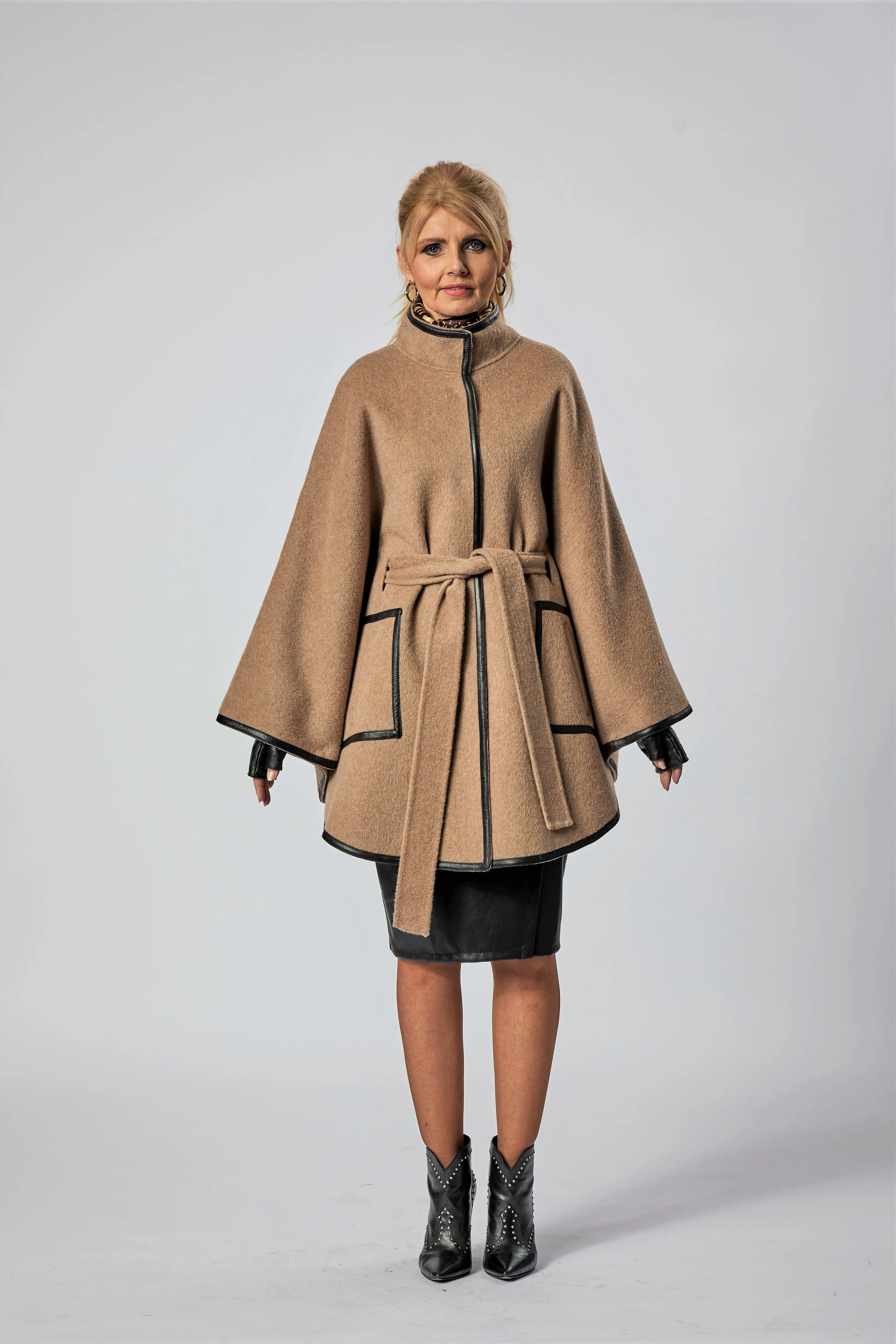 ALICE Beige Virgin Wool Belted Cape Poncho Coat Black Leather Trim