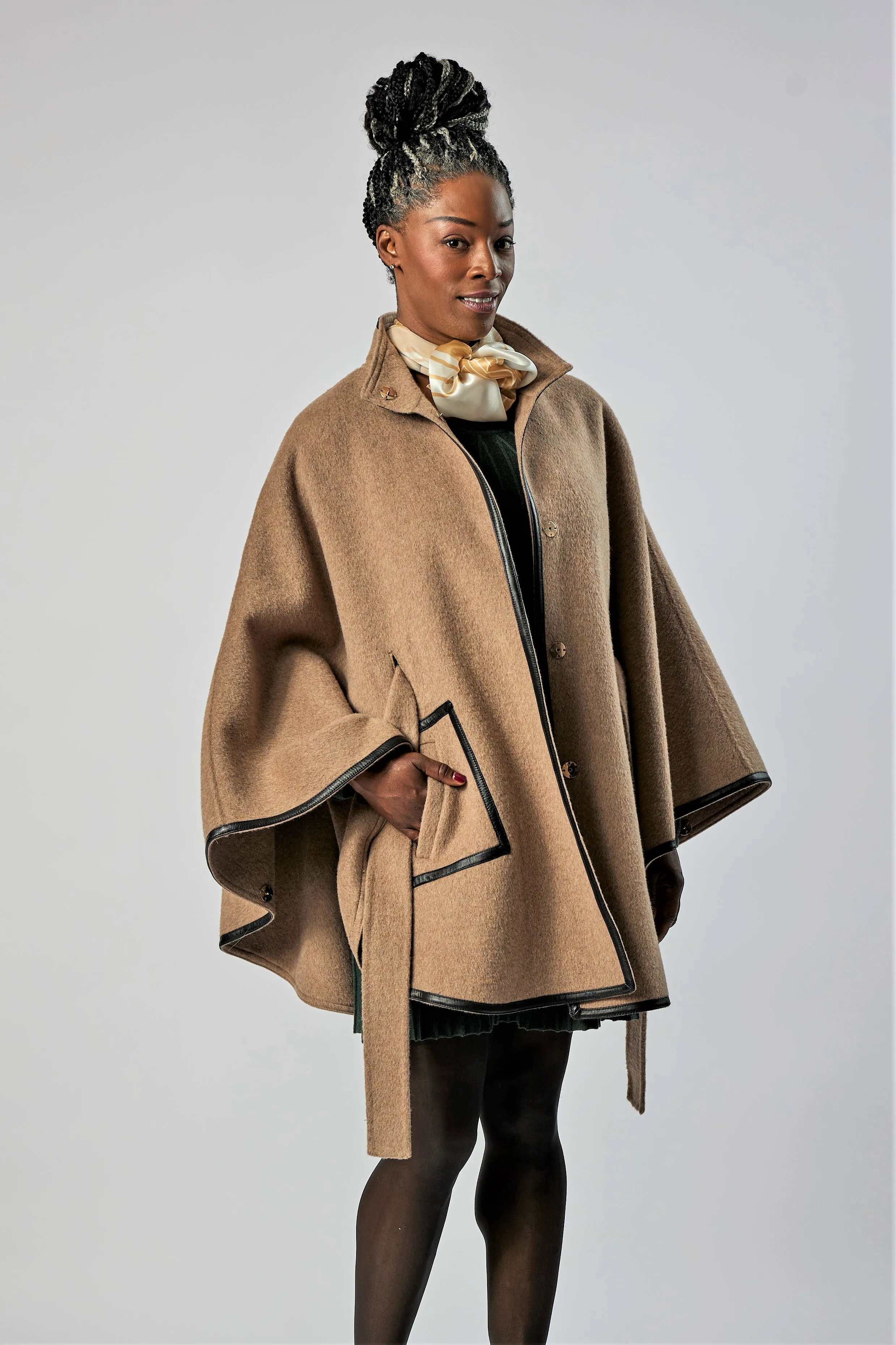 ALICE Beige Virgin Wool Belted Cape Poncho Coat Black Leather Trim