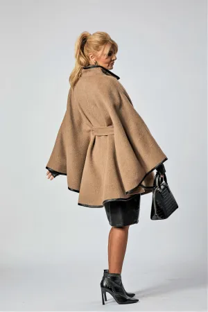 ALICE Beige Virgin Wool Belted Cape Poncho Coat Black Leather Trim