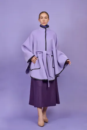 ALICE Lavender Belted Cape Coat in Virgin Wool Cashmere Black Leather