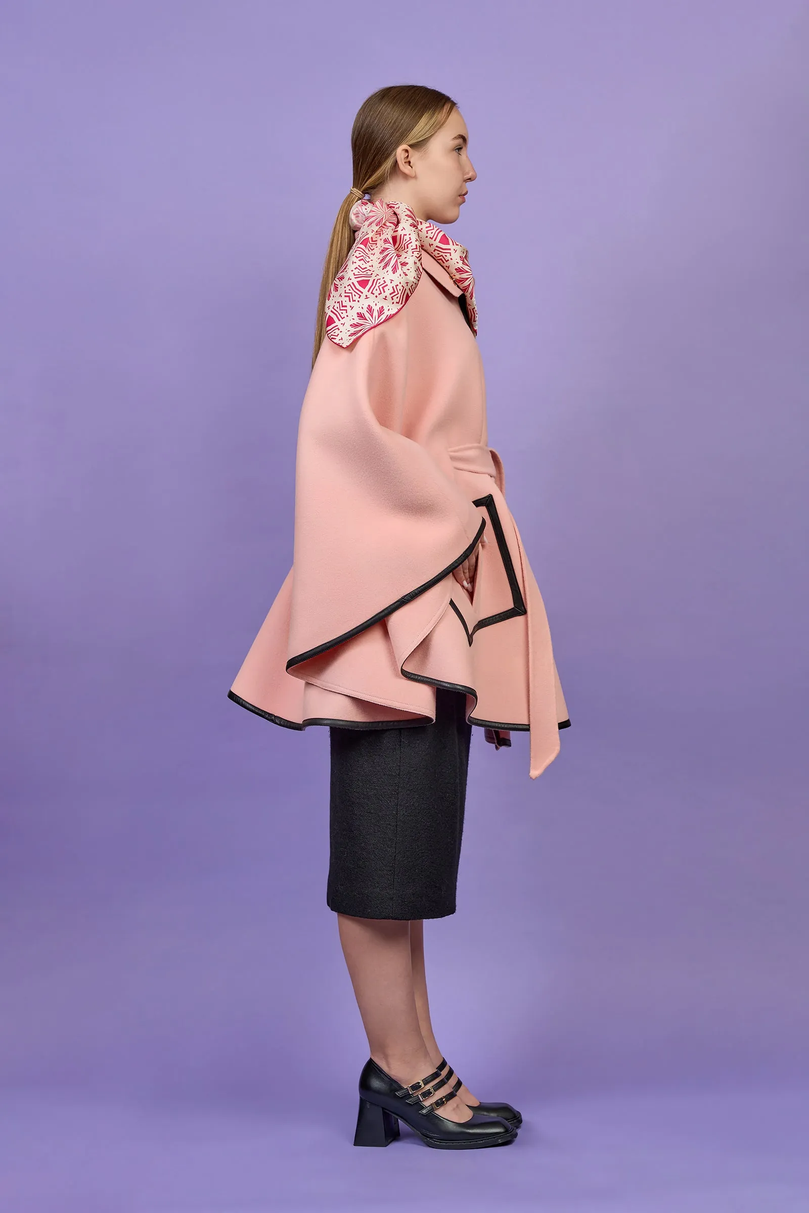 ALICE Light Pink Belted Cape Coat in Virgin Wool Cashmere Black Leather