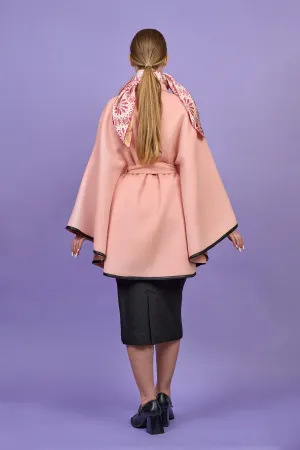 ALICE Light Pink Belted Cape Coat in Virgin Wool Cashmere Black Leather