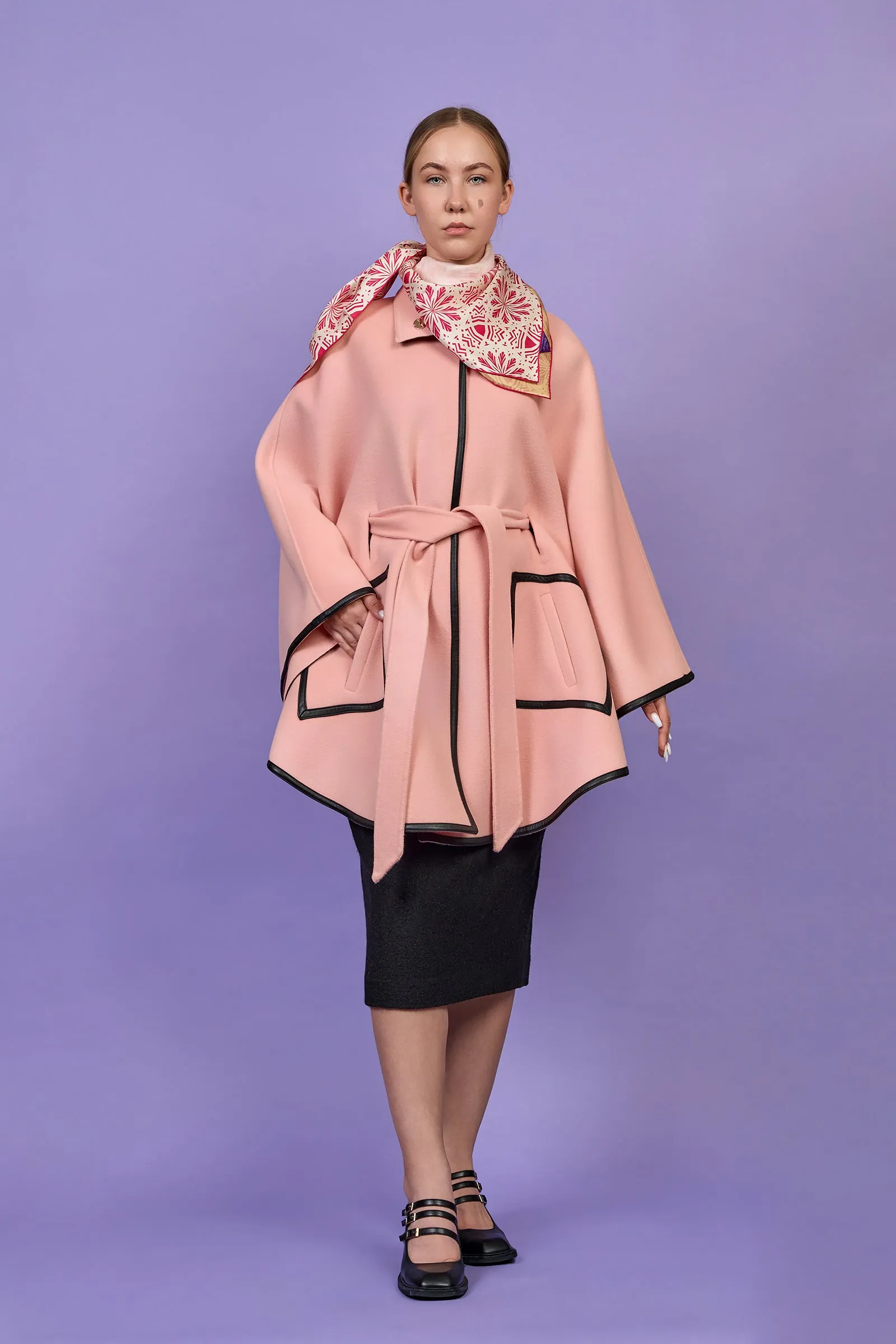 ALICE Light Pink Belted Cape Coat in Virgin Wool Cashmere Black Leather