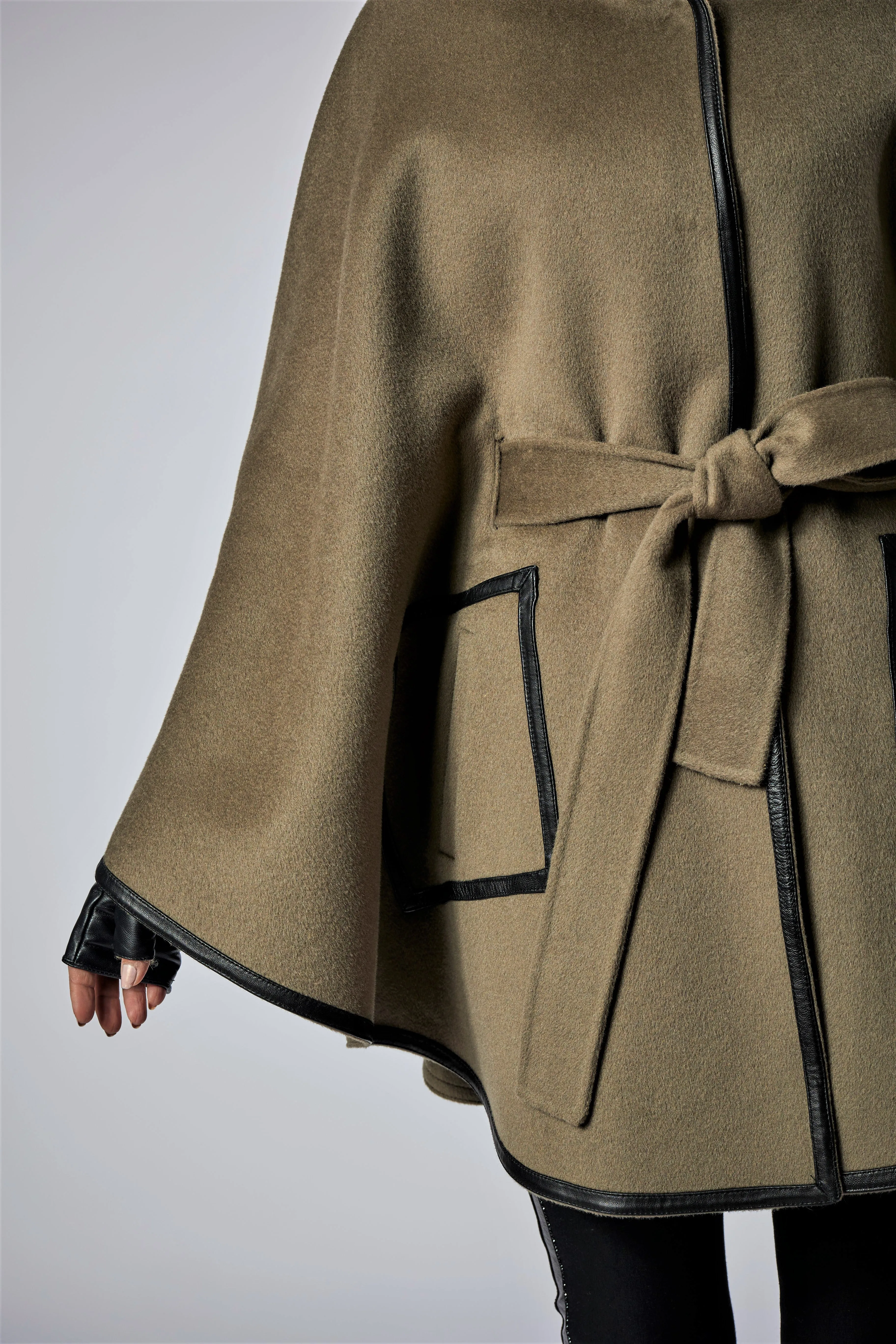 ALICE Olive Belted Cape Coat in Virgin Wool Cashmere Black Leather