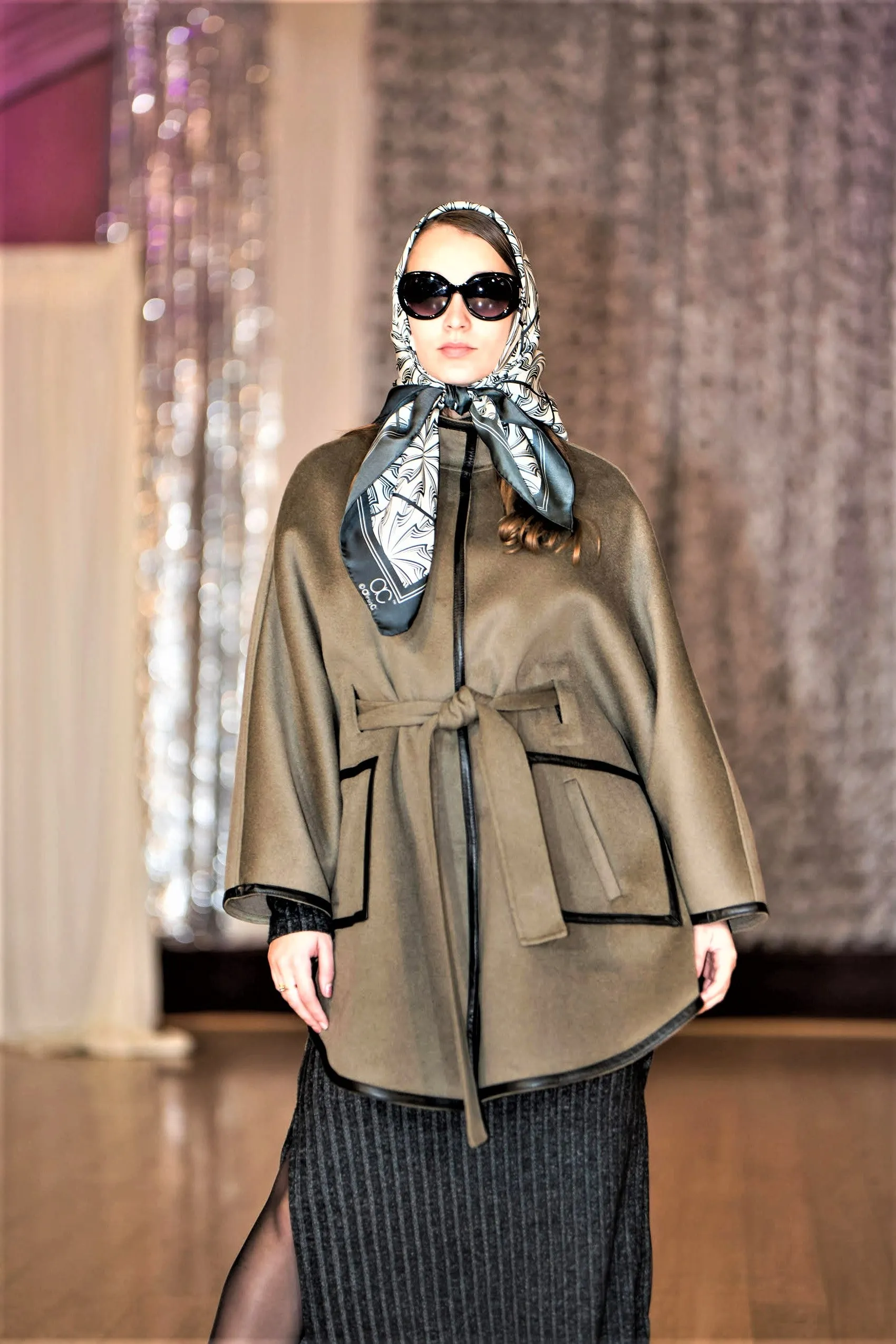 ALICE Olive Belted Cape Coat in Virgin Wool Cashmere Black Leather