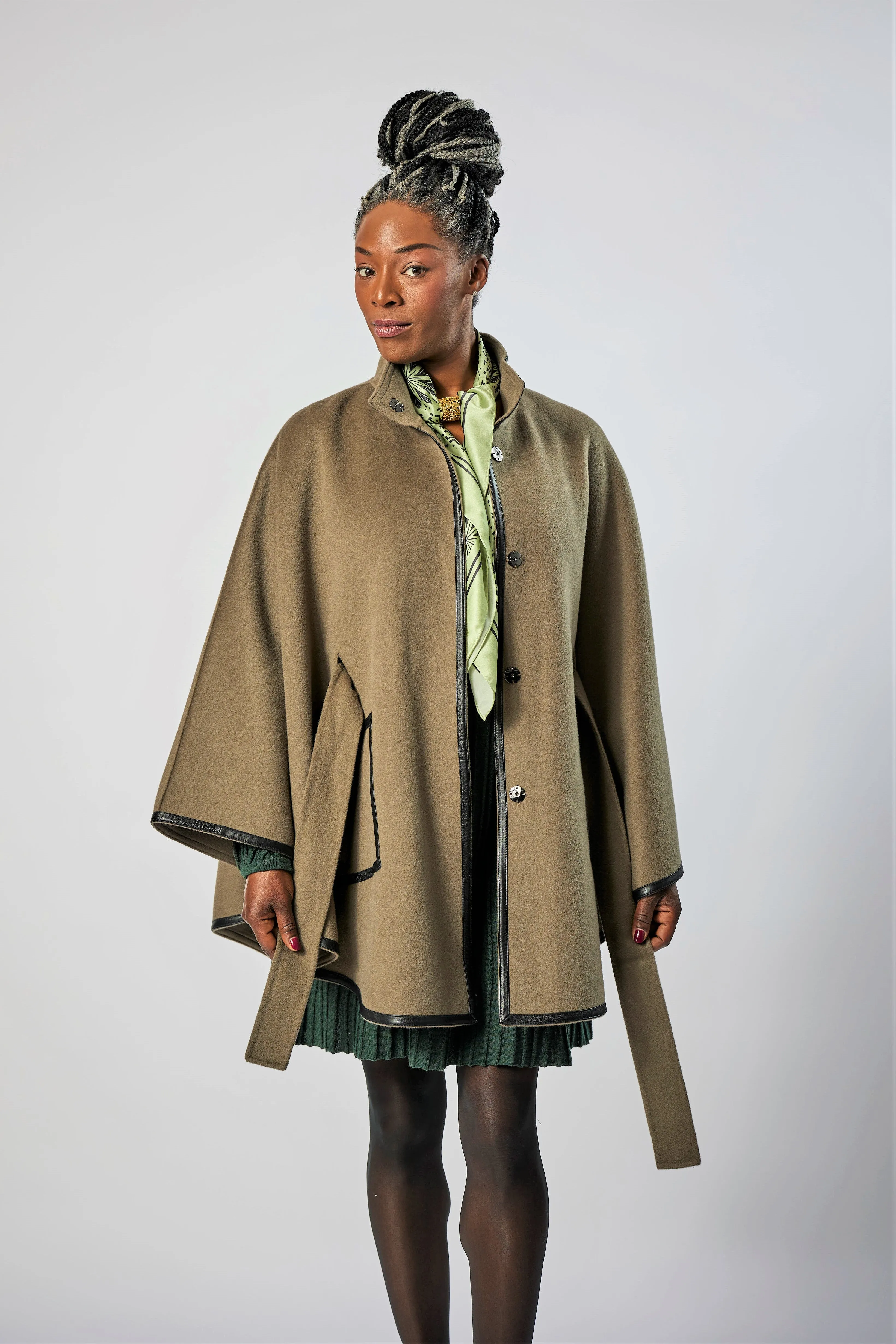 ALICE Olive Belted Cape Coat in Virgin Wool Cashmere Black Leather