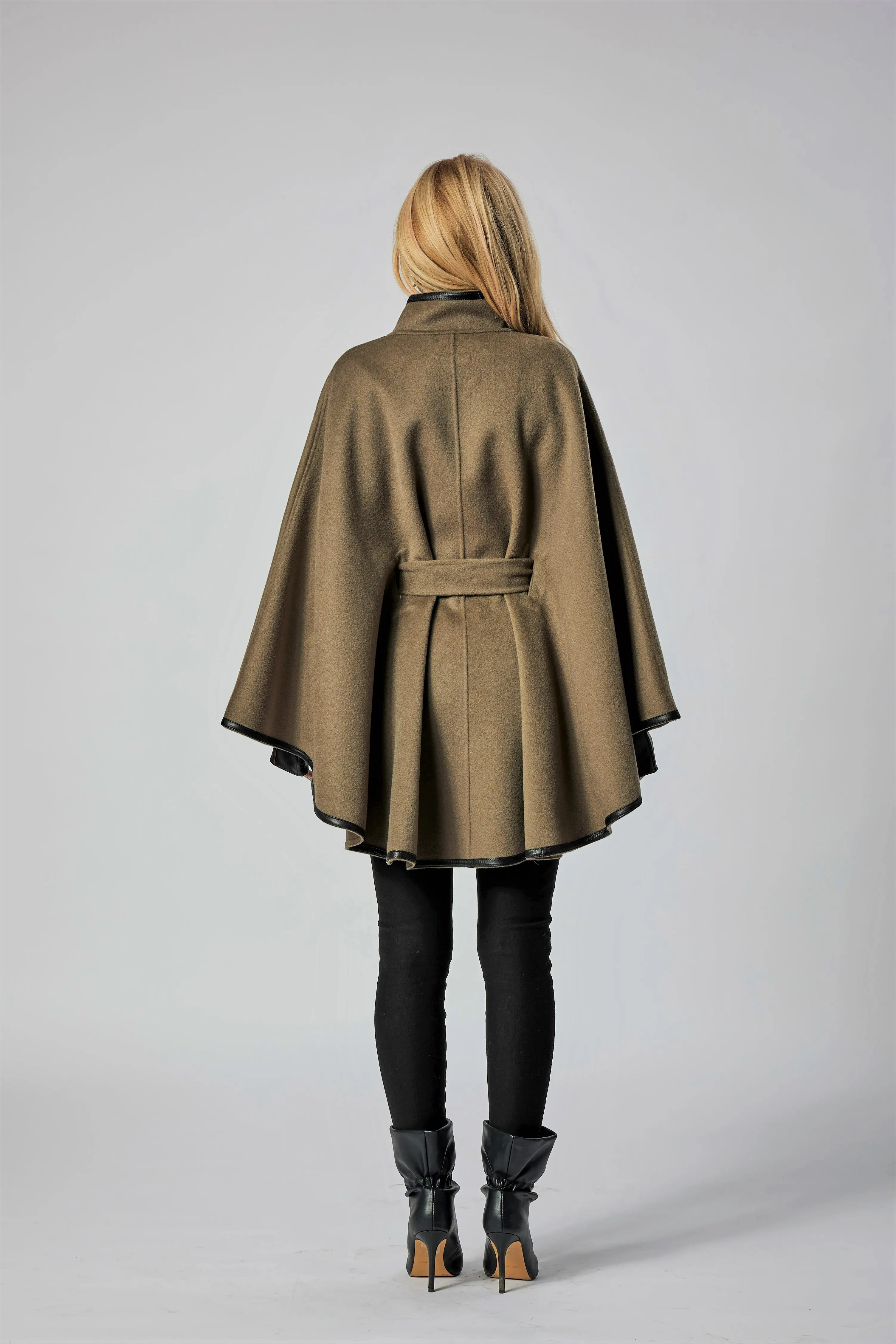 ALICE Olive Belted Cape Coat in Virgin Wool Cashmere Black Leather