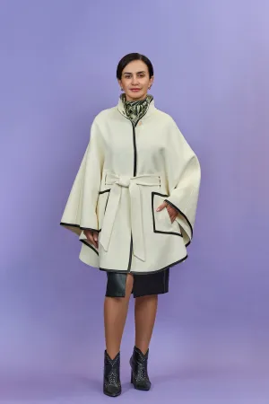 ALICE White Belted Cape Coat in Virgin Wool Cashmere Black Leather