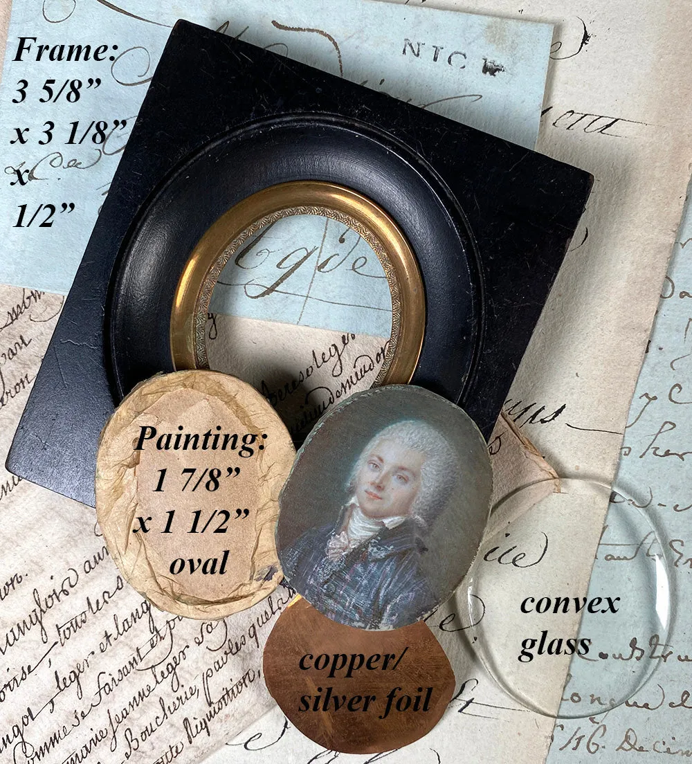 Antique 18th Century French Portrait Miniature of a Gentleman in Blue Silk Velvet Stripe Overcoat