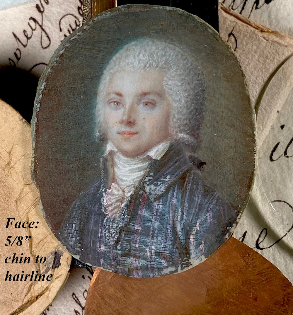 Antique 18th Century French Portrait Miniature of a Gentleman in Blue Silk Velvet Stripe Overcoat