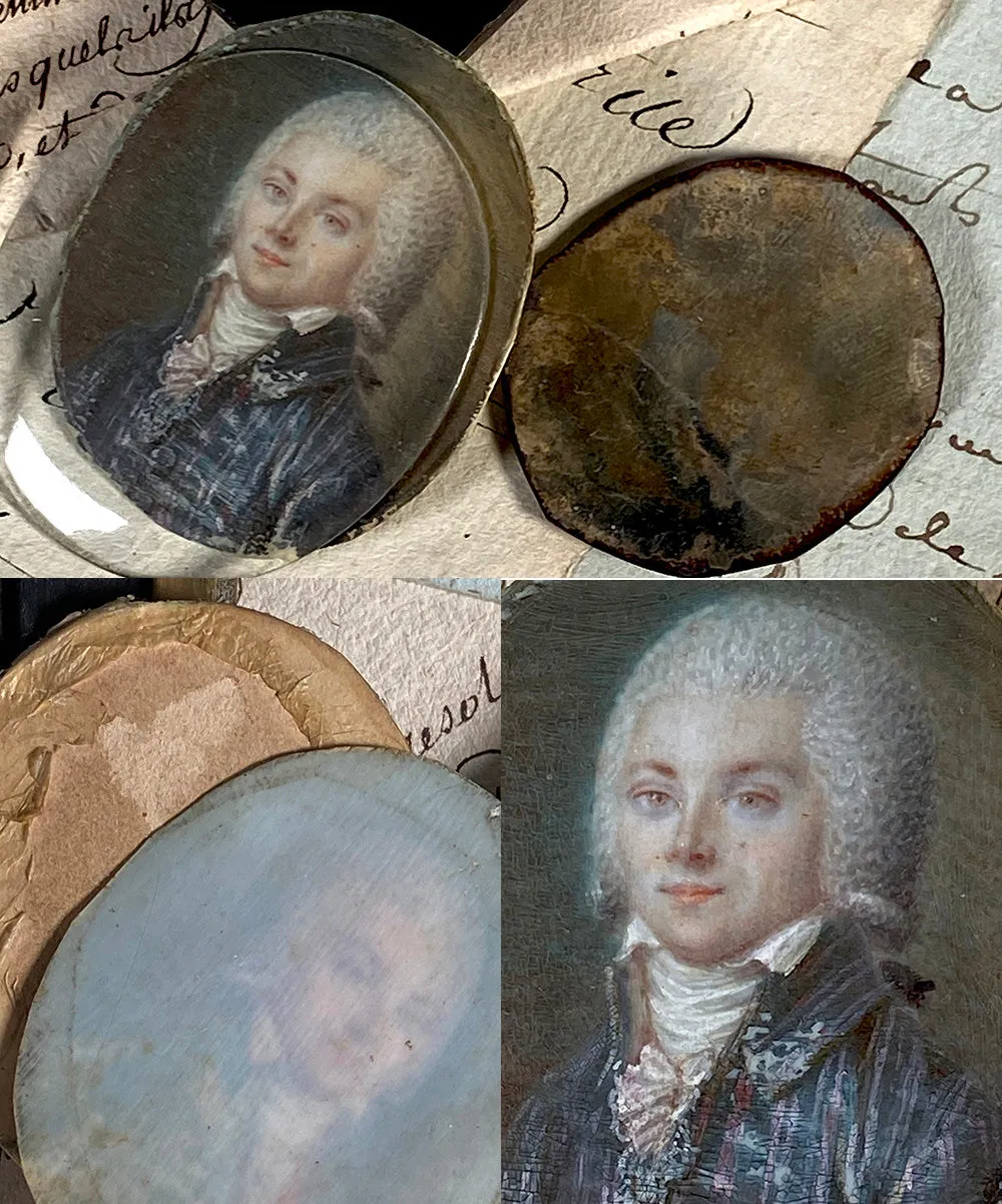 Antique 18th Century French Portrait Miniature of a Gentleman in Blue Silk Velvet Stripe Overcoat