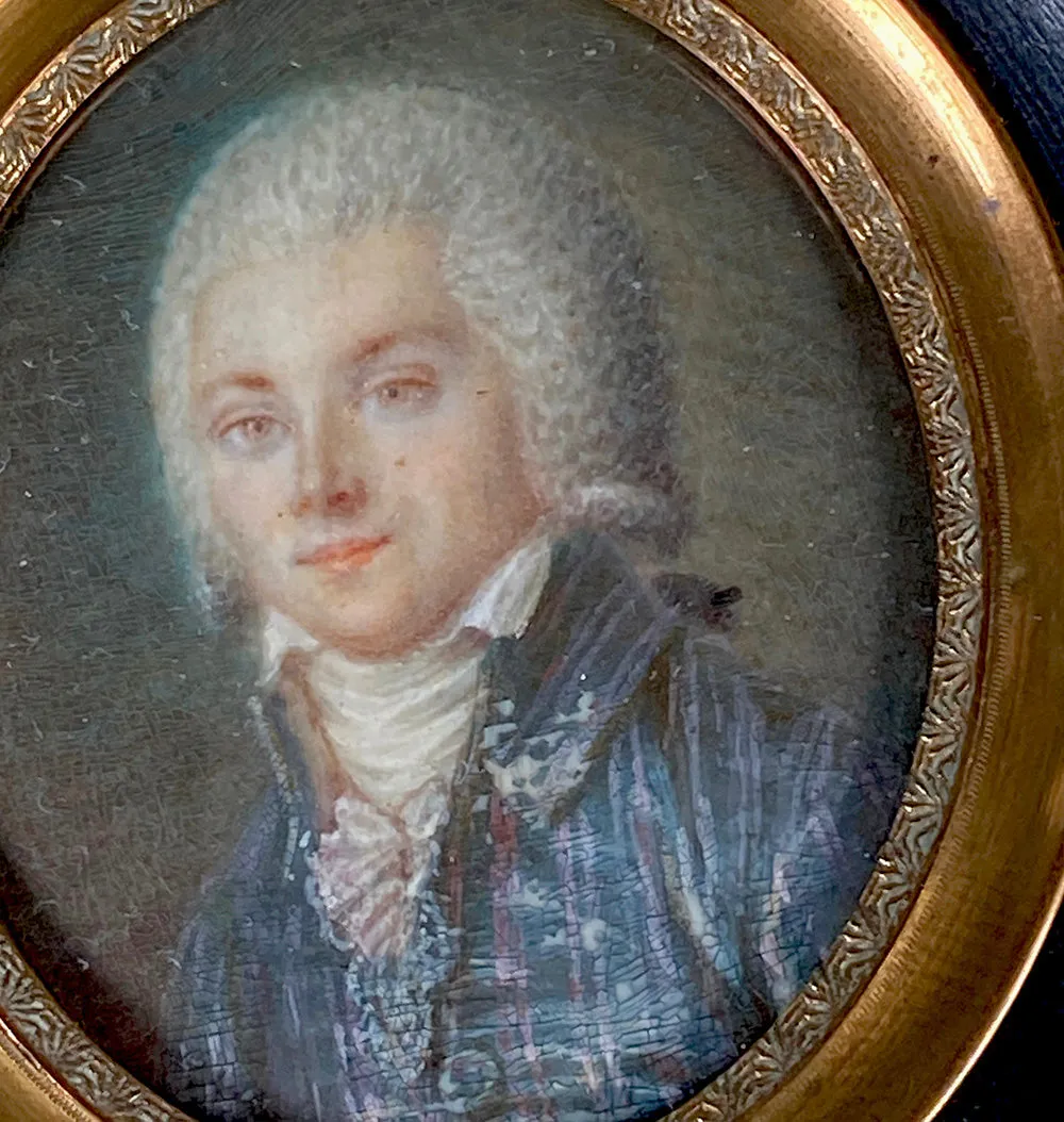 Antique 18th Century French Portrait Miniature of a Gentleman in Blue Silk Velvet Stripe Overcoat