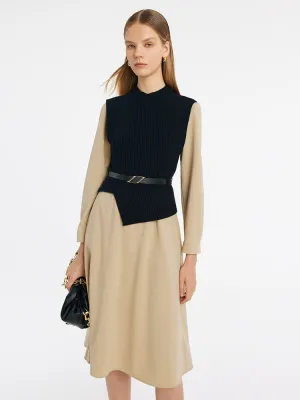 Asymmetrical Knitted Vest And Midi Dress Two-Piece Set With Belt