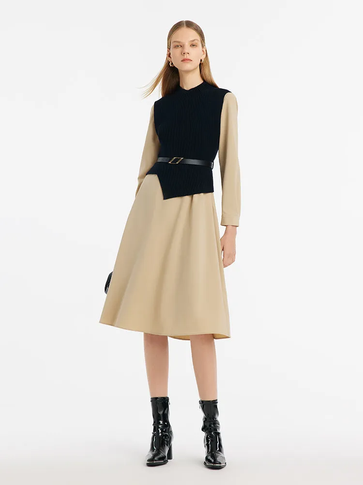 Asymmetrical Knitted Vest And Midi Dress Two-Piece Set With Belt