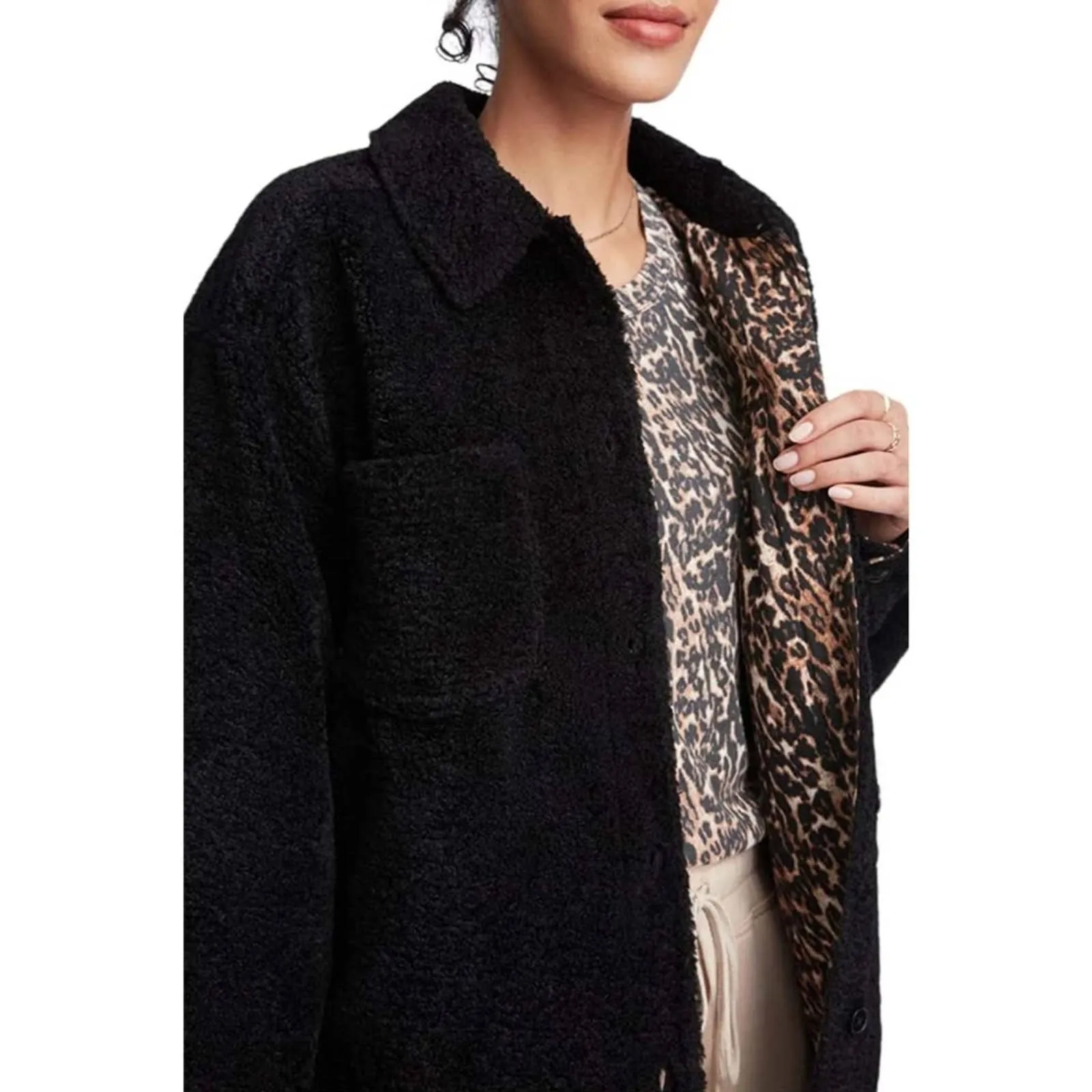 Bandier x Sincerely Jules, Women Aspen Sherpa Jacket in Black Leopard