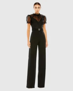 Belted Illusion High Neck Cap Sleeve Jumpsuit