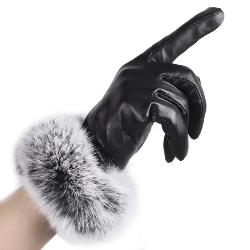 Black Leather Rabbit Fur Wrist Gloves