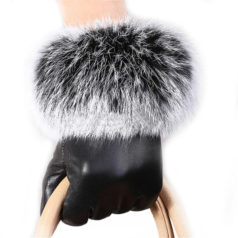 Black Leather Rabbit Fur Wrist Gloves