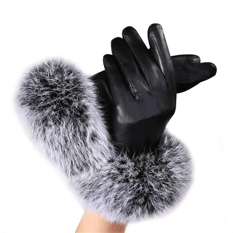 Black Leather Rabbit Fur Wrist Gloves