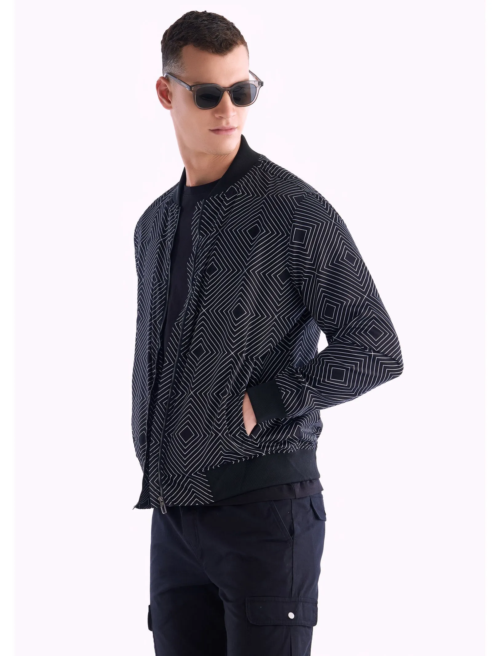 Black Printed Bomber Jacket