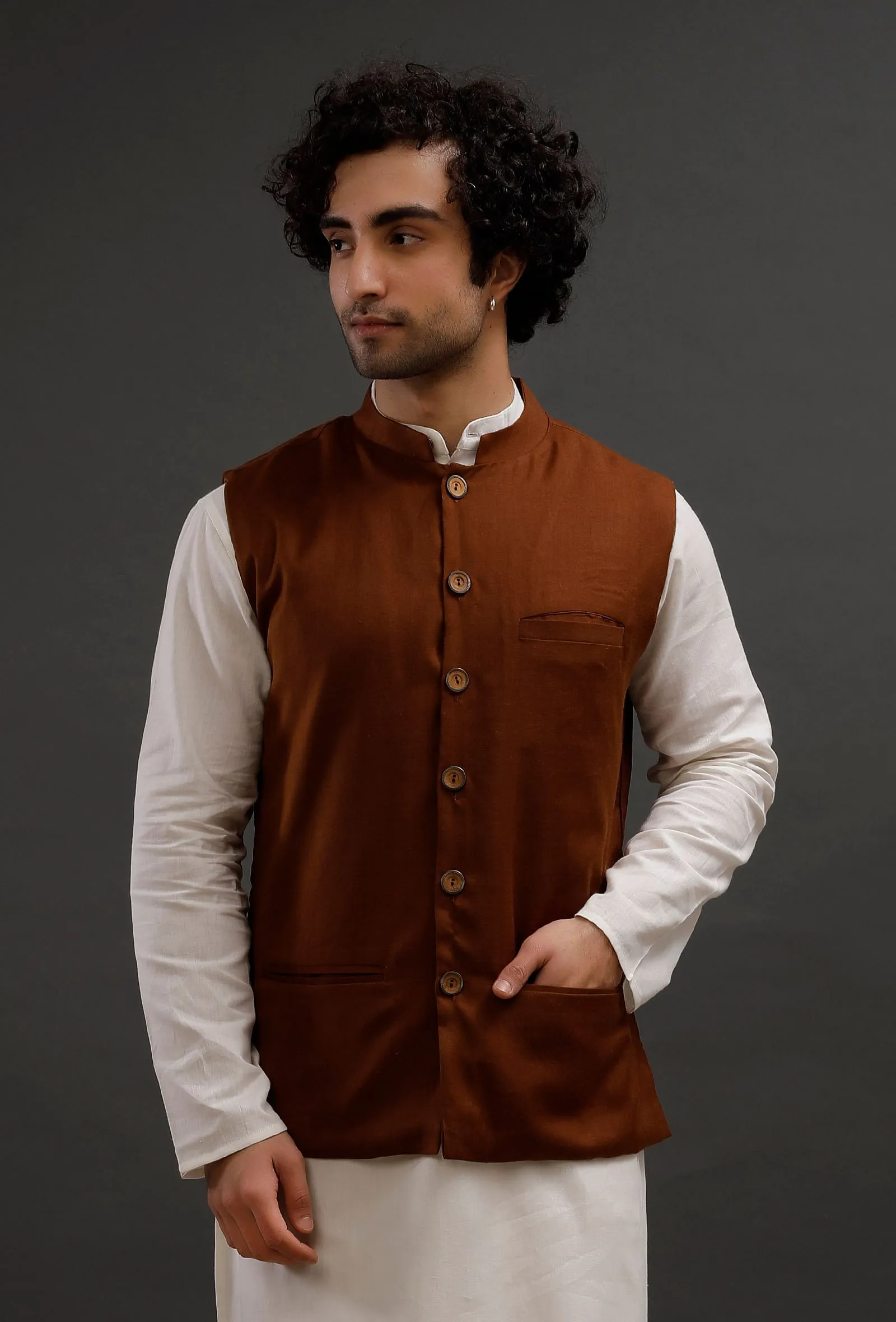 Brown Woollen Blend Nehru Jacket