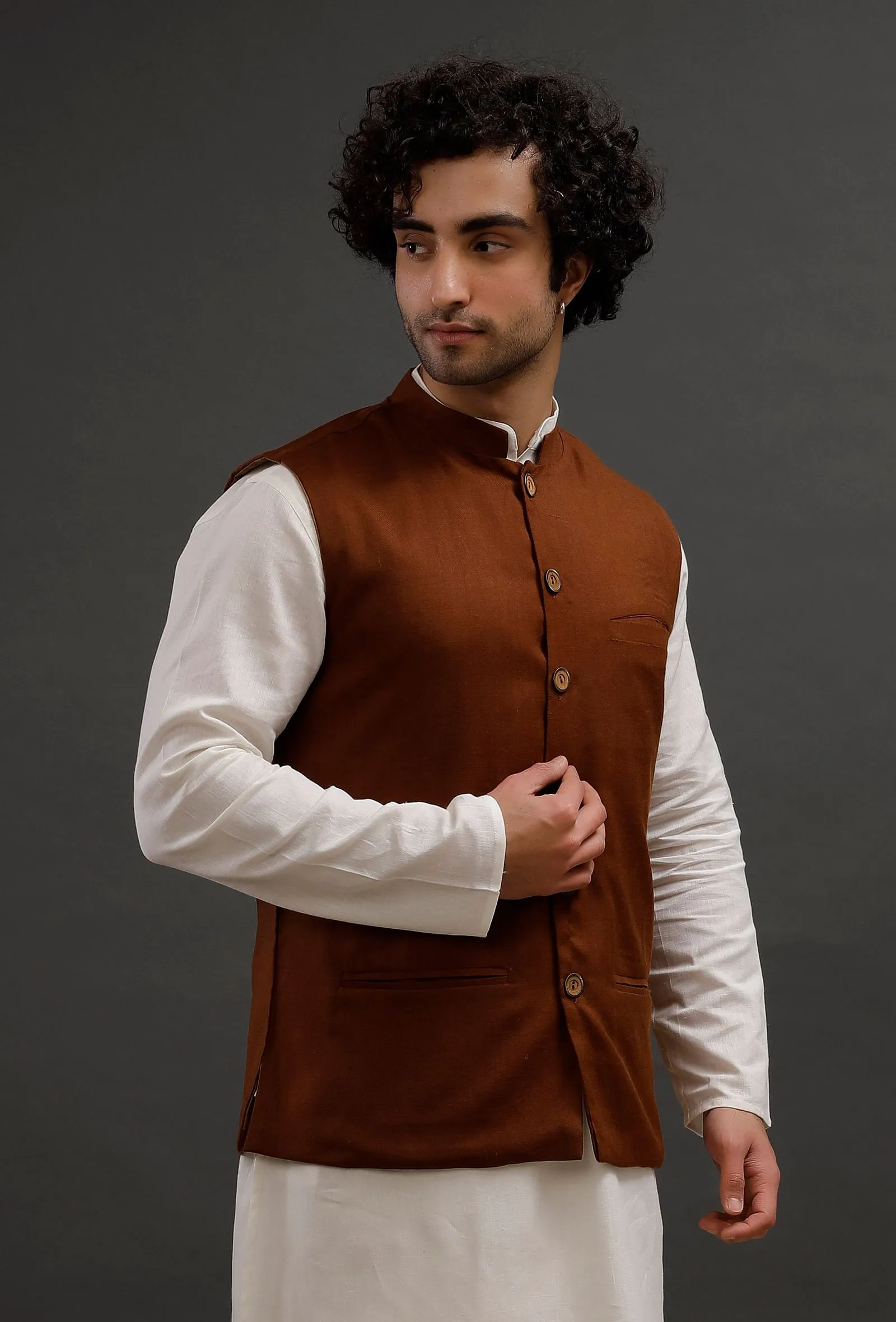 Brown Woollen Blend Nehru Jacket