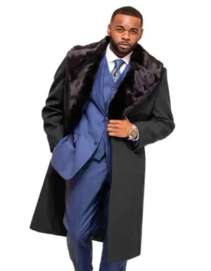 Charcoal Grey Overcoat ~ Long men's Dress Topcoat - Winter coat With Fur Collar And Wool Fabric