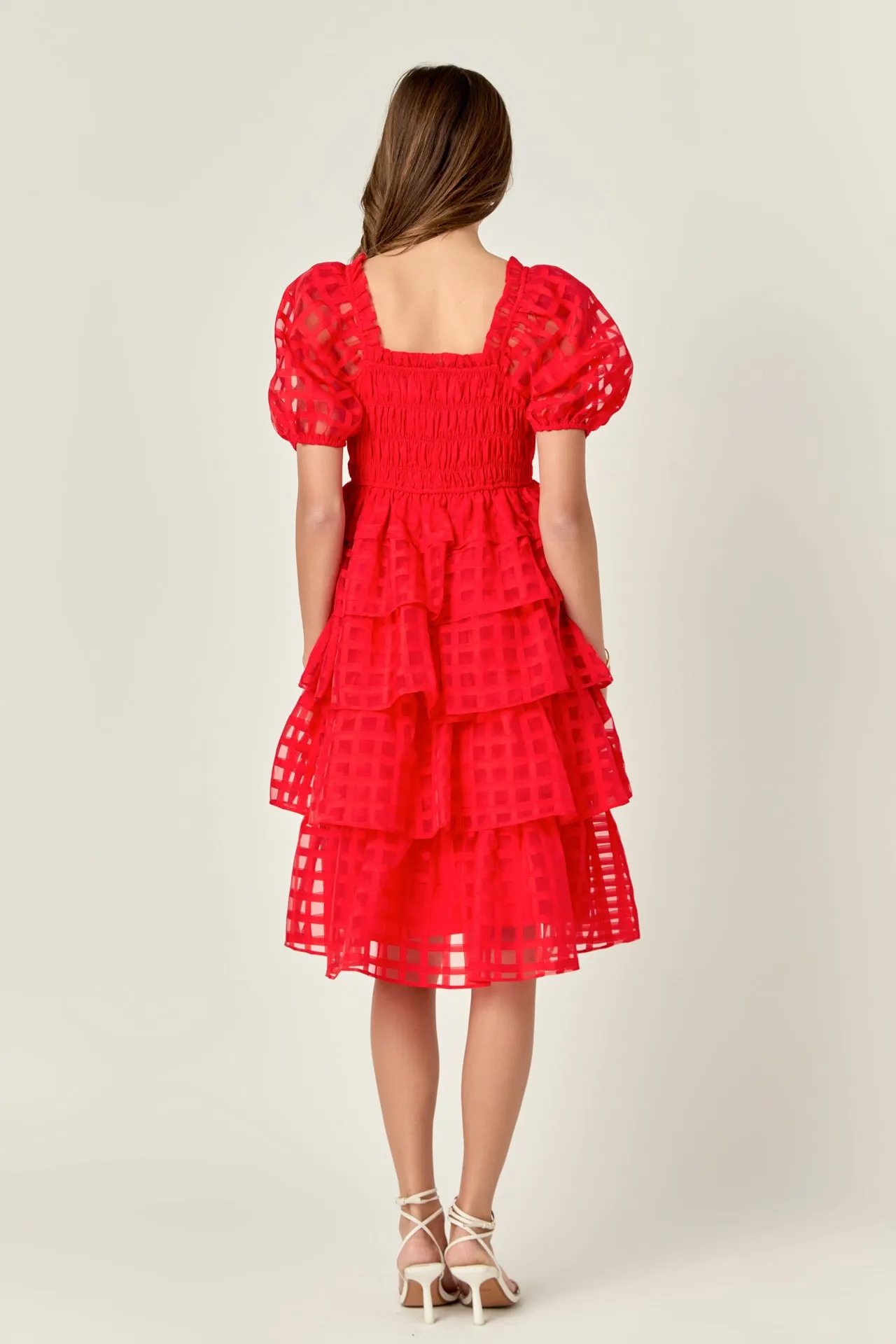 Check Organza Tiered Midi Dress