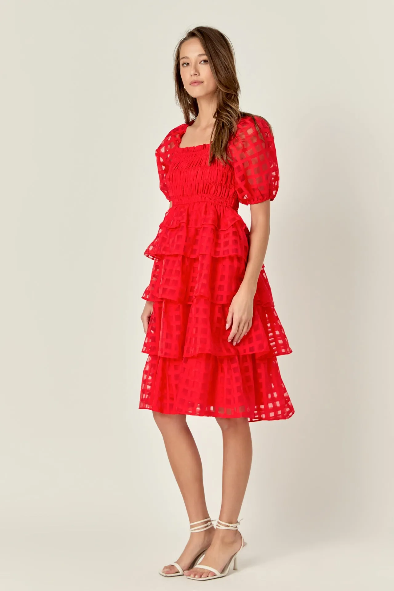 Check Organza Tiered Midi Dress