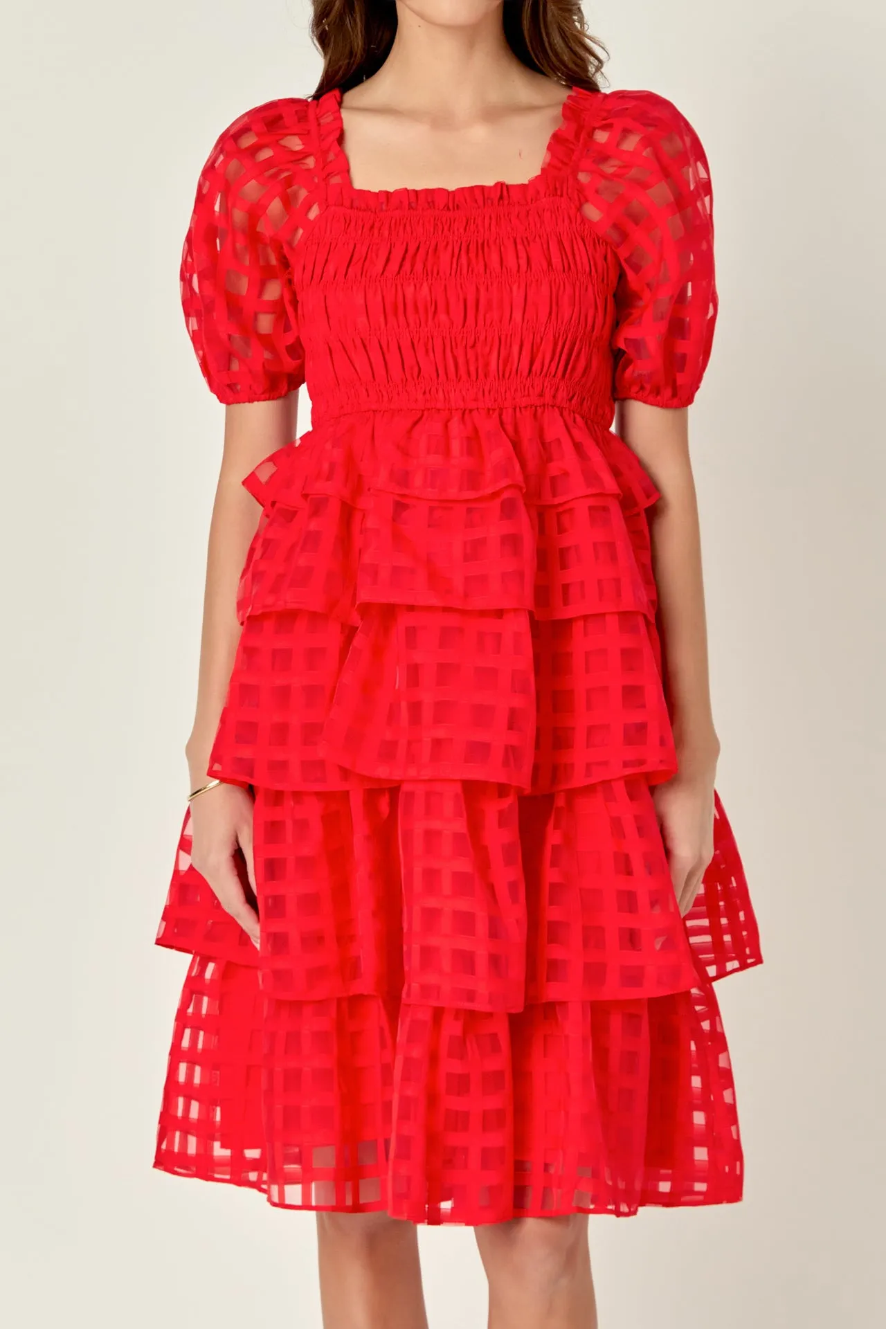 Check Organza Tiered Midi Dress