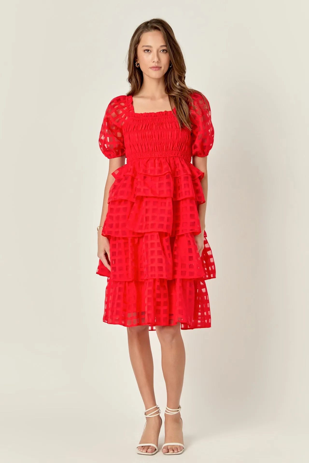 Check Organza Tiered Midi Dress