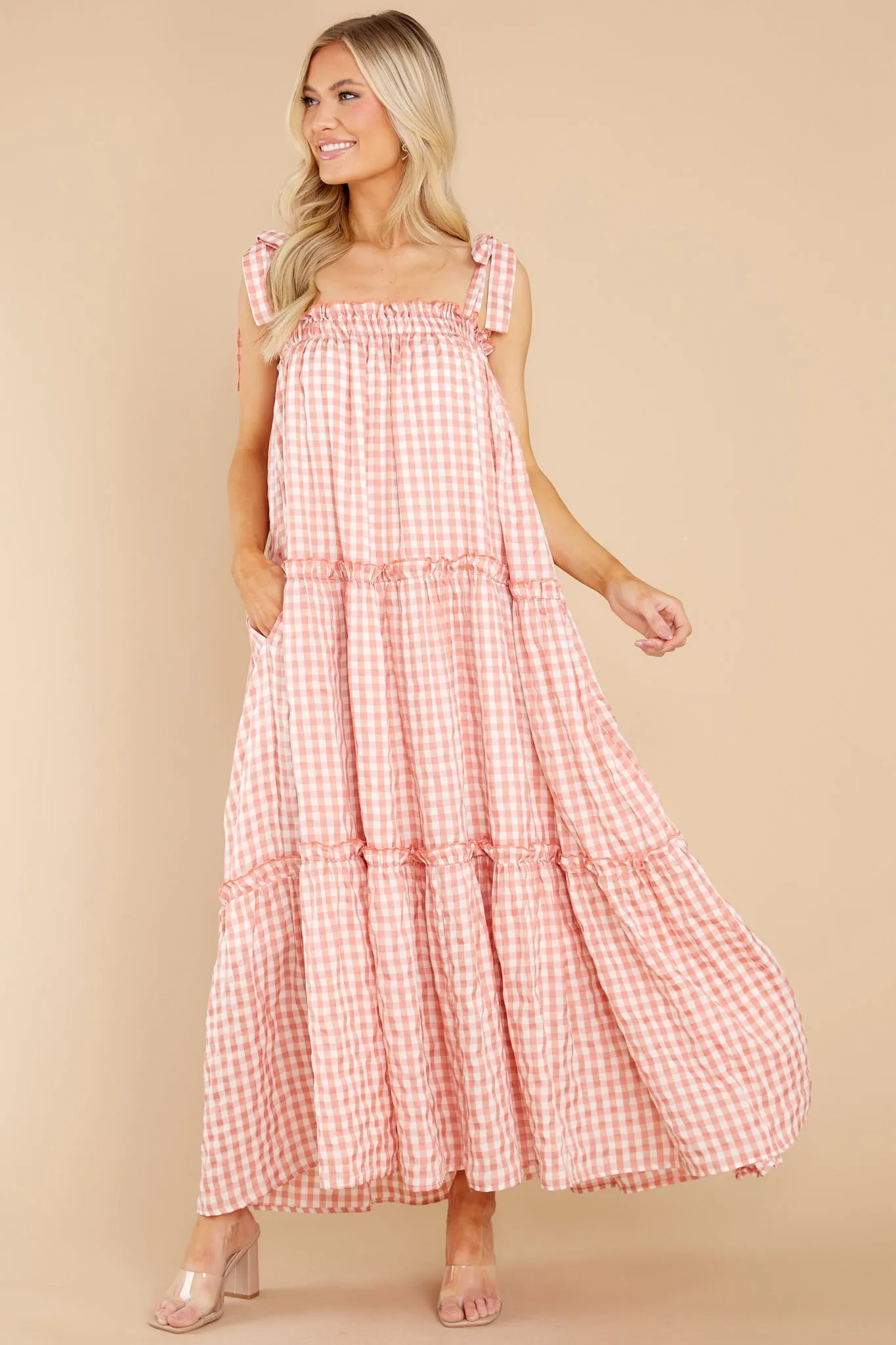 Cherished Memories Apricot Orange Gingham Maxi Dress