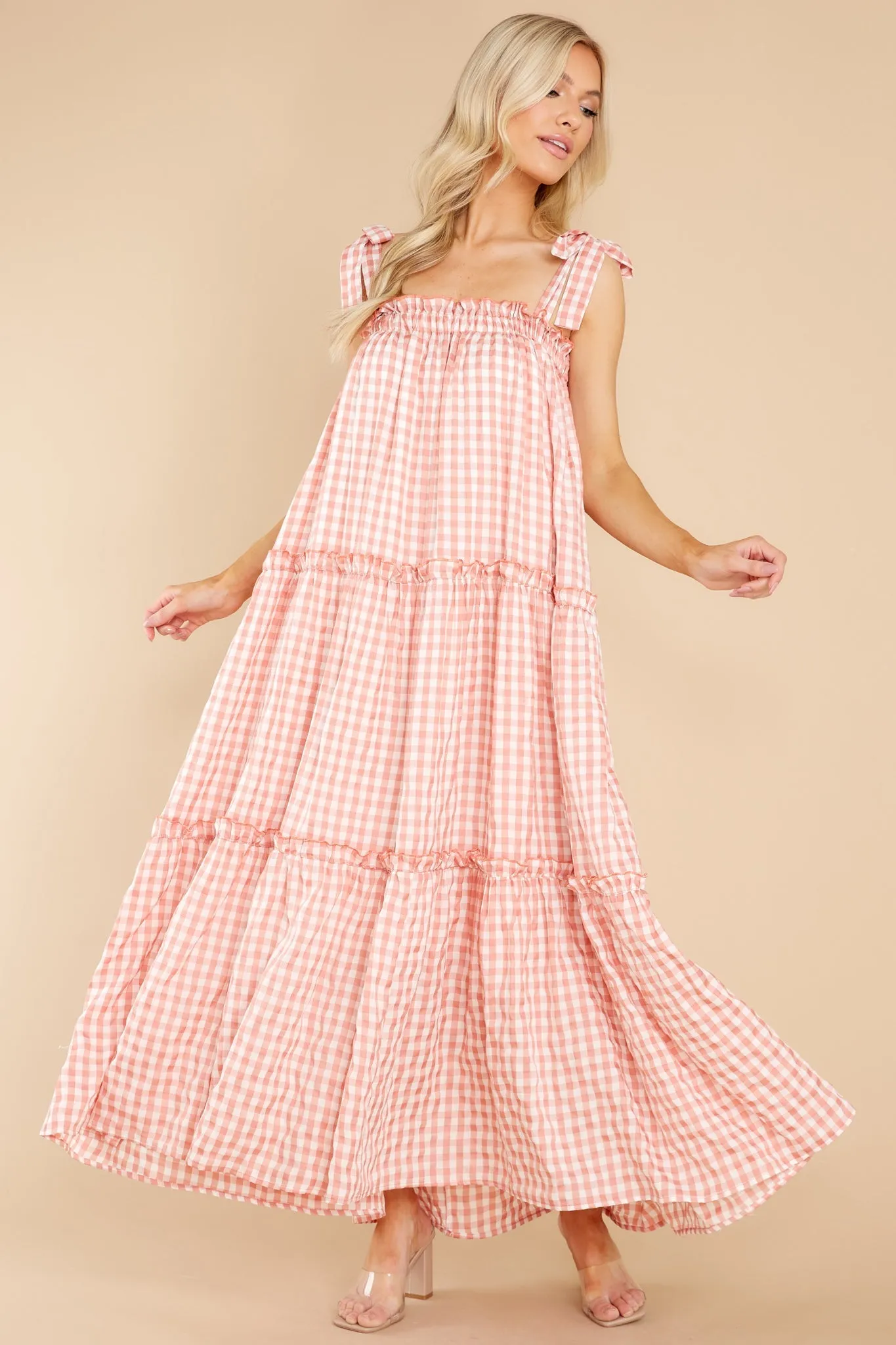 Cherished Memories Apricot Orange Gingham Maxi Dress