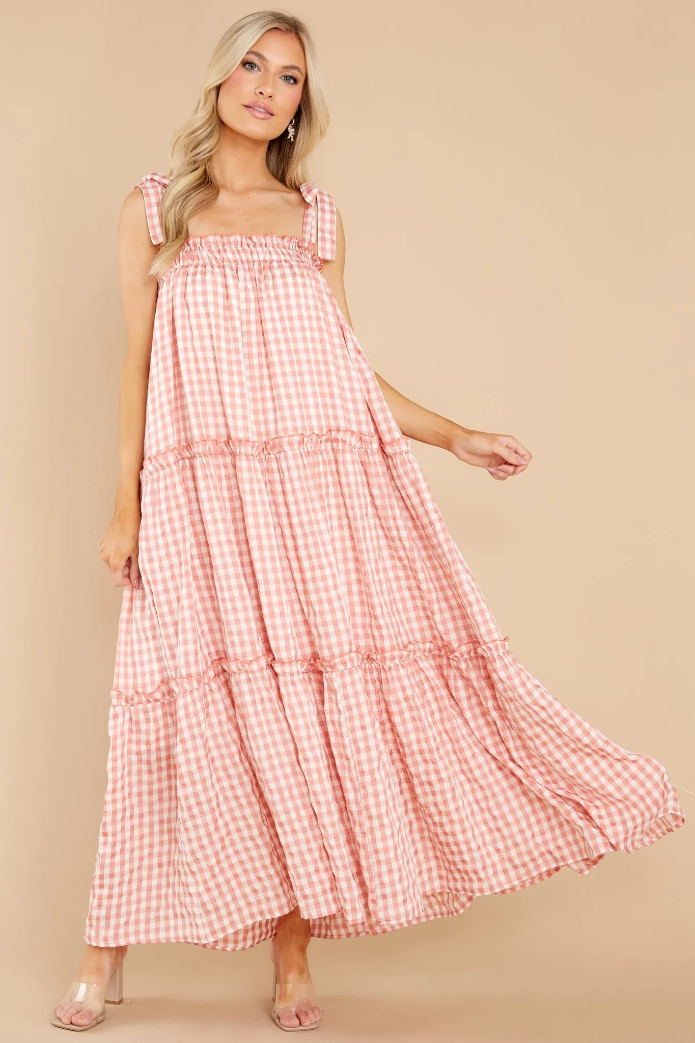 Cherished Memories Apricot Orange Gingham Maxi Dress