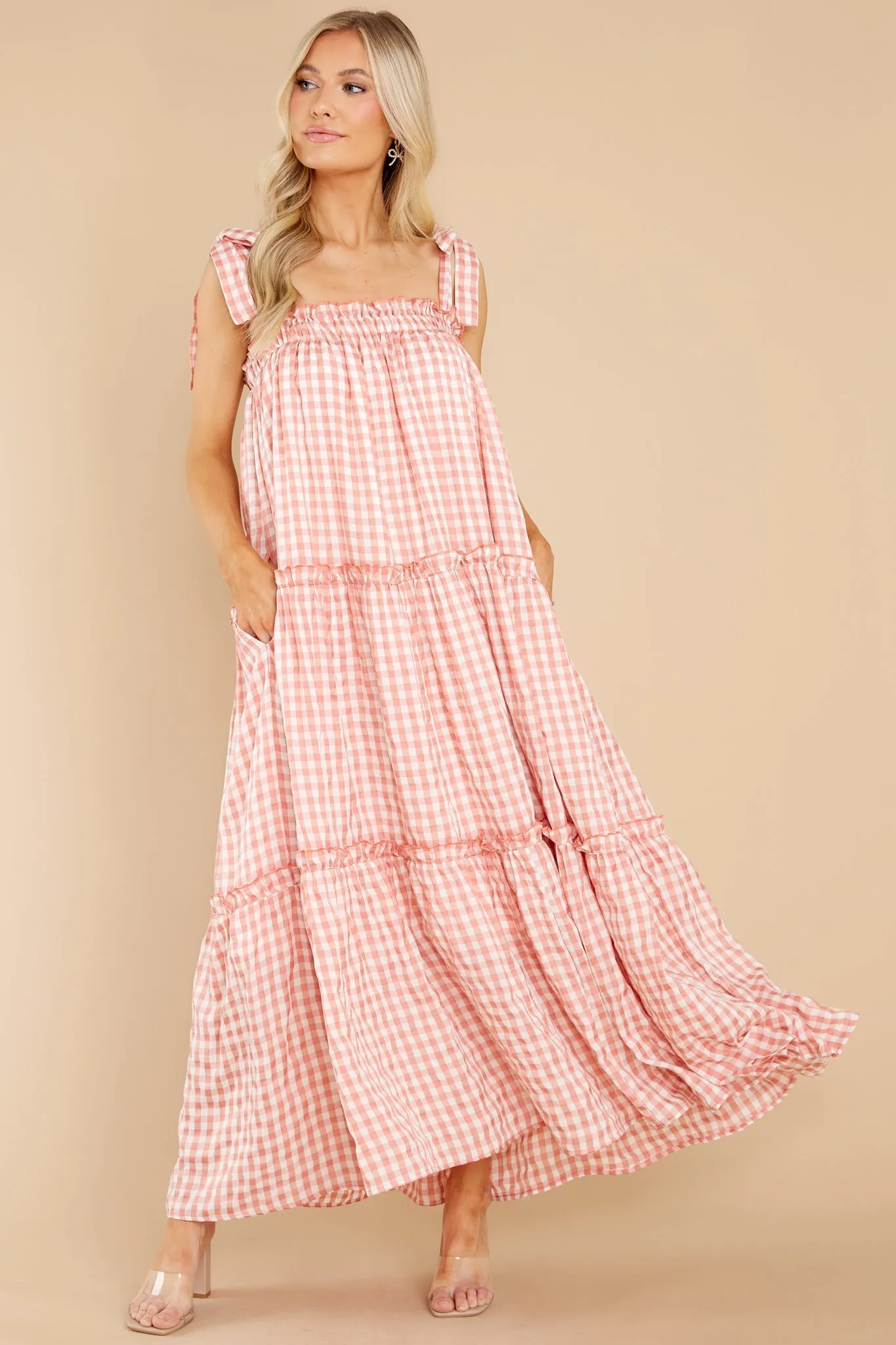 Cherished Memories Apricot Orange Gingham Maxi Dress