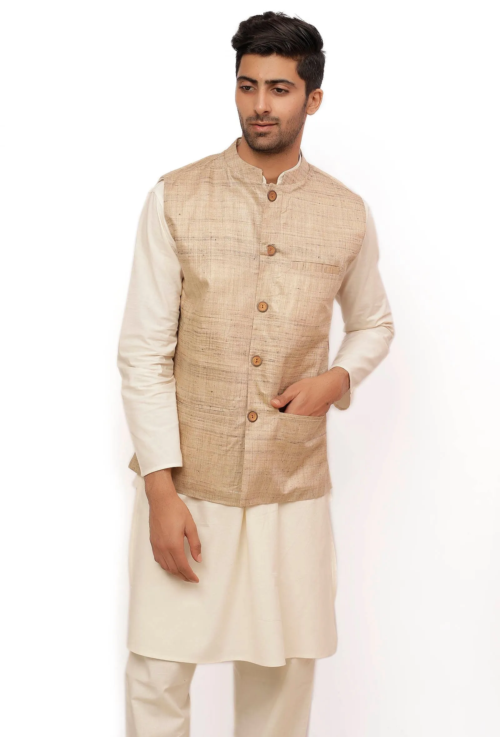 Chiffon Cream Matka Silk Nehru Jacket